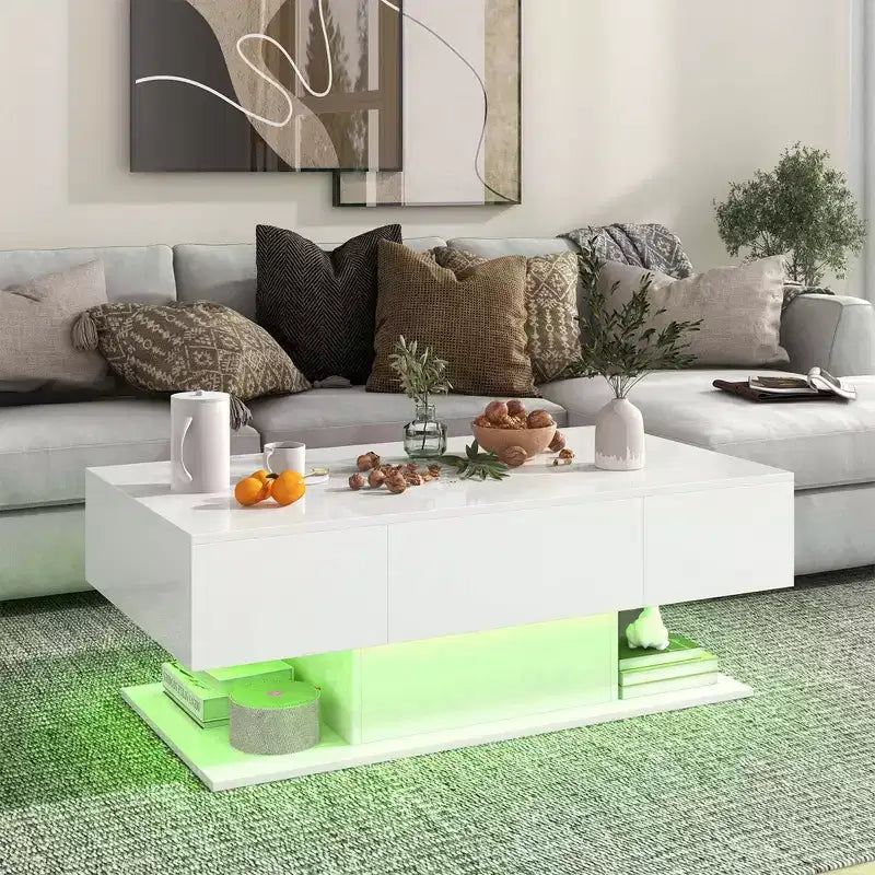 Table basse LED avec 2 tiroirs, lumières LED à intensité variable 20 couleurs et télécommande Blanc/Noir