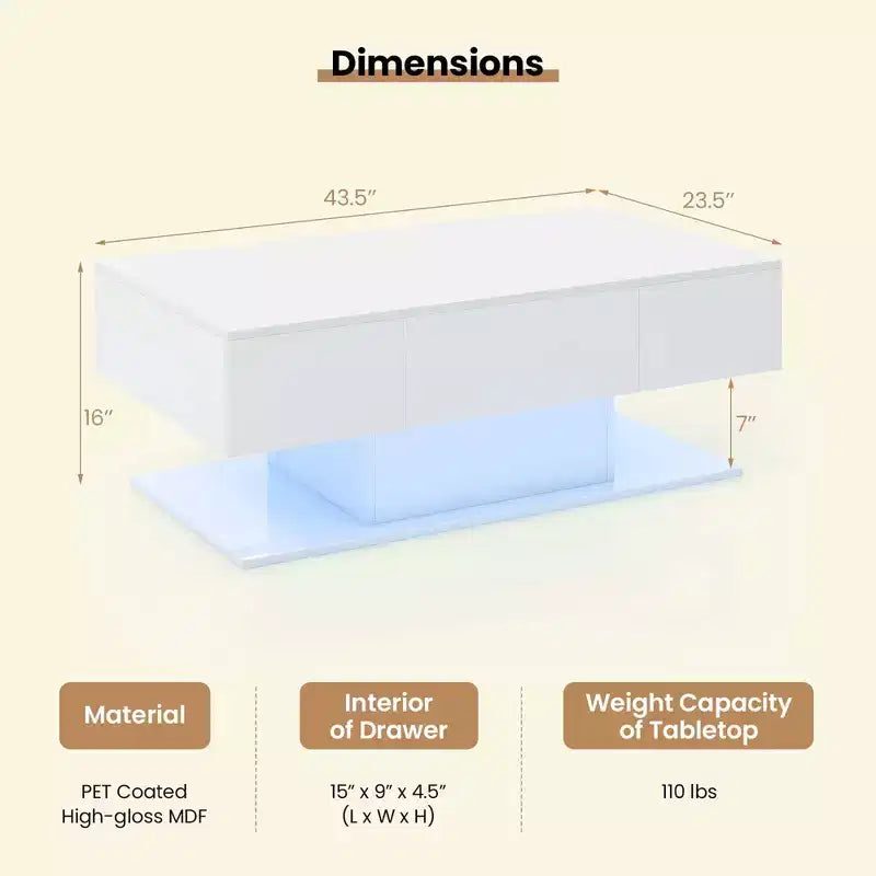 Table basse LED avec 2 tiroirs, lumières LED à intensité variable 20 couleurs et télécommande Blanc/Noir