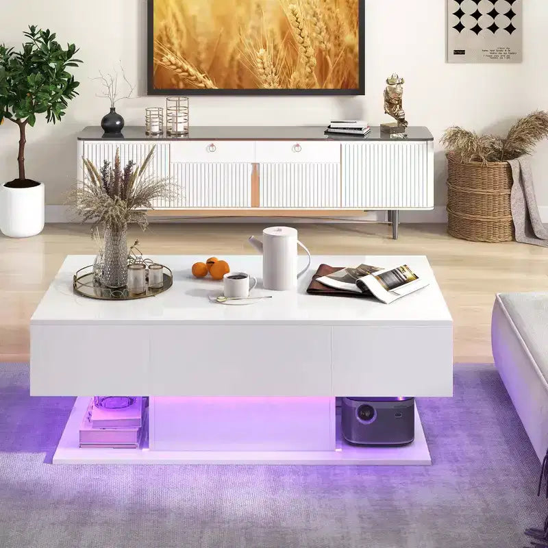 Table basse LED avec 2 tiroirs, lumières LED à intensité variable 20 couleurs et télécommande Blanc/Noir
