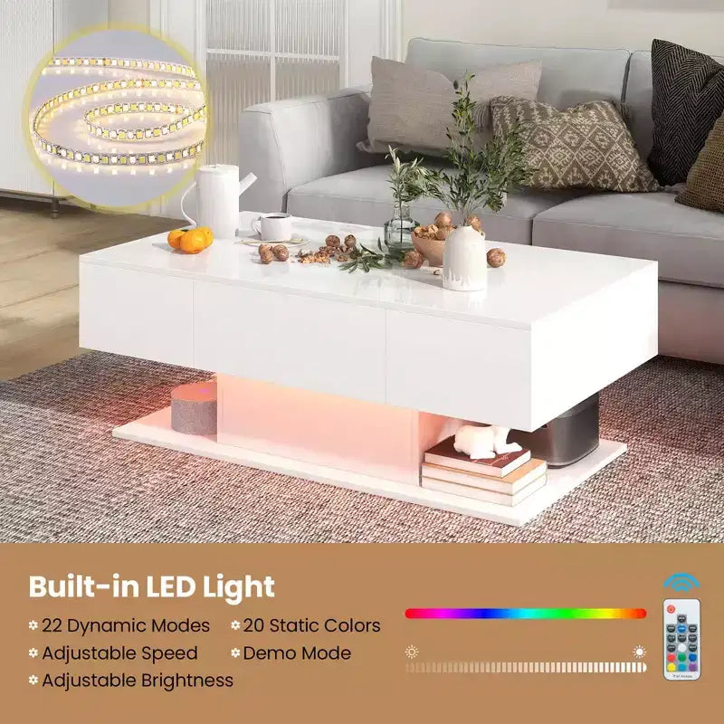 Table basse LED avec 2 tiroirs, lumières LED à intensité variable 20 couleurs et télécommande Blanc/Noir