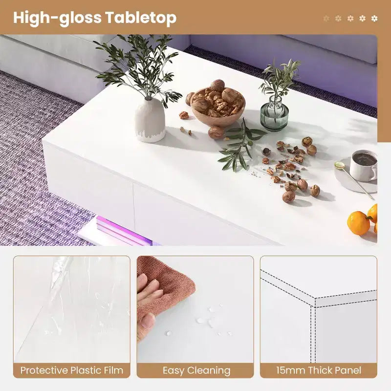 Table basse LED avec 2 tiroirs, lumières LED à intensité variable 20 couleurs et télécommande Blanc/Noir