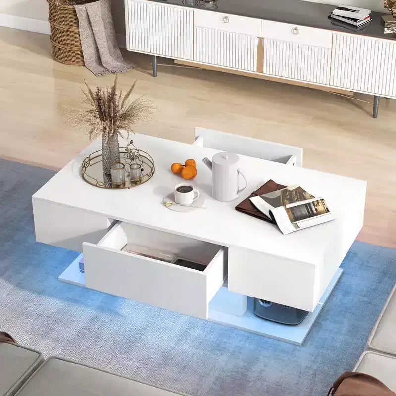 Table basse LED avec 2 tiroirs, lumières LED à intensité variable 20 couleurs et télécommande Blanc/Noir