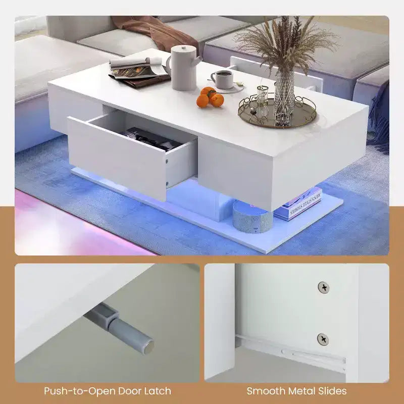 Table basse LED avec 2 tiroirs, lumières LED à intensité variable 20 couleurs et télécommande Blanc/Noir