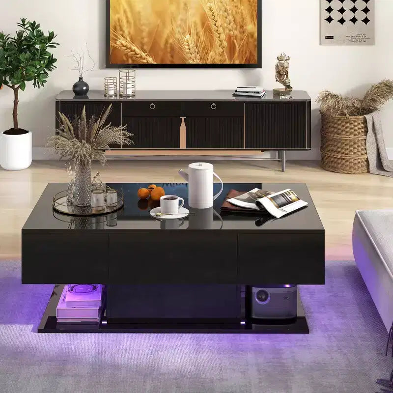 Table basse LED avec 2 tiroirs, lumières LED à intensité variable 20 couleurs et télécommande Blanc/Noir