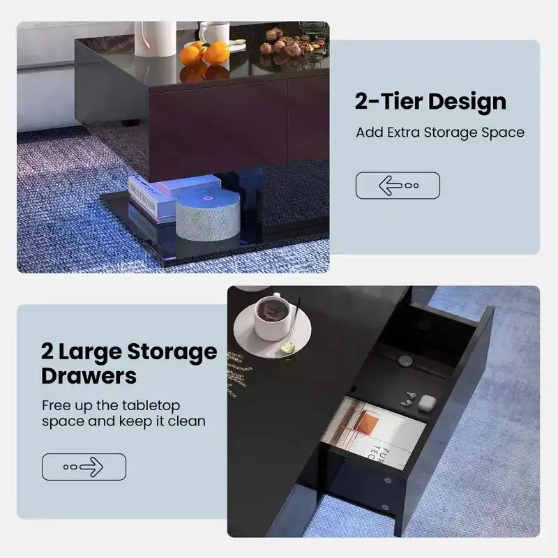 Table basse LED avec 2 tiroirs, lumières LED à intensité variable 20 couleurs et télécommande Blanc/Noir