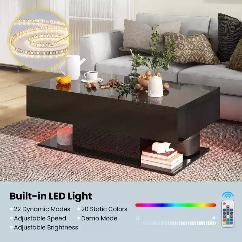 Table basse LED avec 2 tiroirs, lumières LED à intensité variable 20 couleurs et télécommande Blanc/Noir