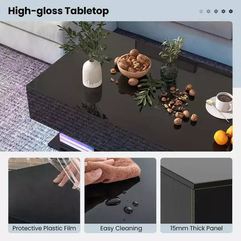 Table basse LED avec 2 tiroirs, lumières LED à intensité variable 20 couleurs et télécommande Blanc/Noir
