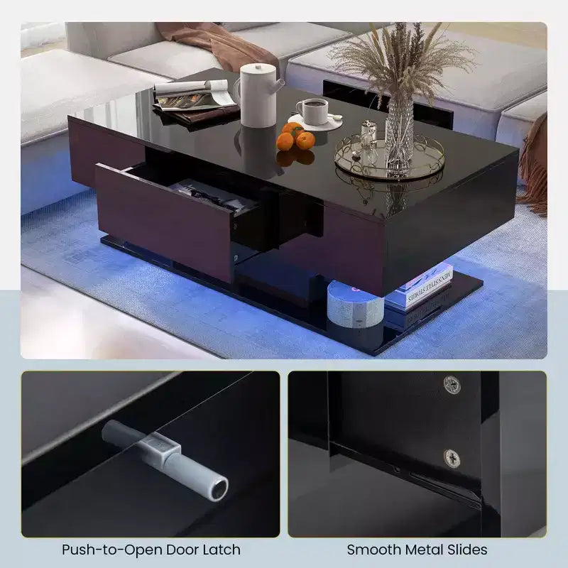 Table basse LED avec 2 tiroirs, lumières LED à intensité variable 20 couleurs et télécommande Blanc/Noir