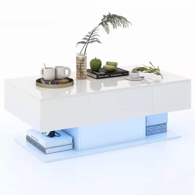 LED Coffee Table with 2 Drawers 20-Color Dimmable LED Lights & Remote Control White/Black
