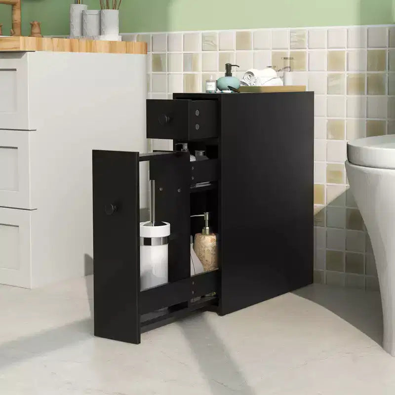 Meuble de Rangement Étroit de Salle de Bain avec Abattant, Noir