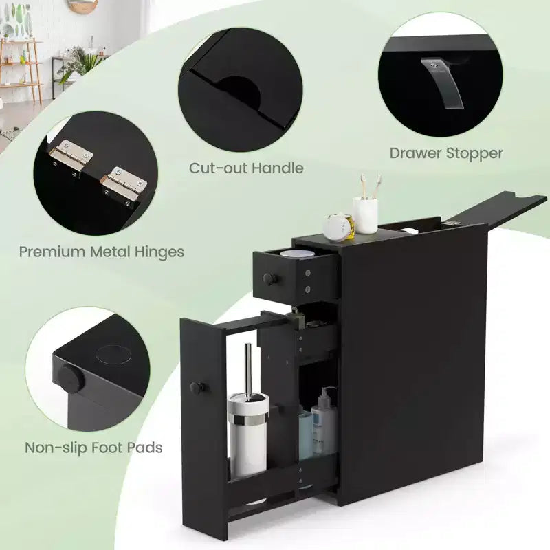 Meuble de Rangement Étroit de Salle de Bain avec Abattant, Noir