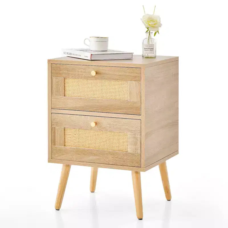 Costway 1/2 PCS Rattan Nightstand Boho Accent Bedside Table with 2 Storage Drawers Natural
