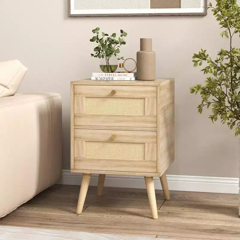 Table de Chevet en Rotin 1/2 Pièce, Table d'Appoint Bohème avec 2 Tiroirs de Rangement Naturel