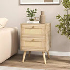 Table de Chevet en Rotin 1/2 Pièce, Table d'Appoint Bohème avec 2 Tiroirs de Rangement Naturel