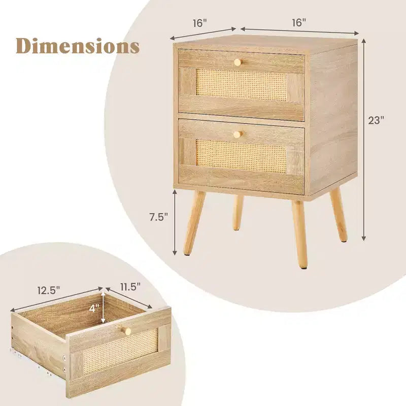 Table de Chevet en Rotin 1/2 Pièce, Table d'Appoint Bohème avec 2 Tiroirs de Rangement Naturel