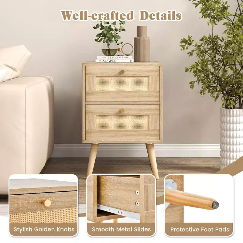 Table de Chevet en Rotin 1/2 Pièce, Table d'Appoint Bohème avec 2 Tiroirs de Rangement Naturel