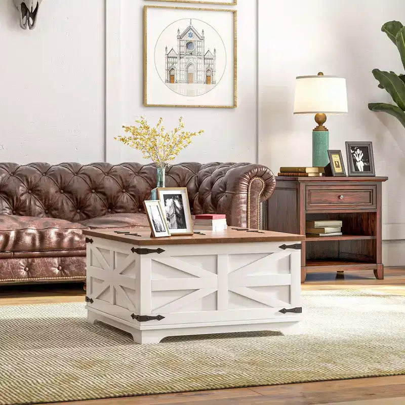 Table basse de ferme avec plateau relevable, compartiment de rangement caché, table basse carrée pour salon