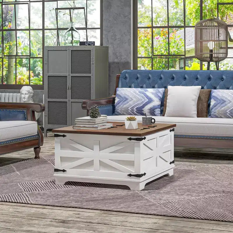 Table basse de ferme avec plateau relevable, compartiment de rangement caché, table basse carrée pour salon