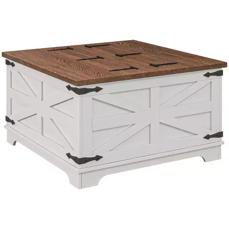 Table basse de ferme avec plateau relevable, compartiment de rangement caché, table basse carrée pour salon