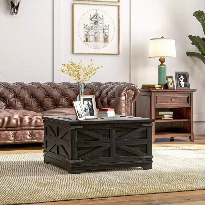 Table basse de ferme avec plateau relevable, compartiment de rangement caché, table basse carrée pour salon