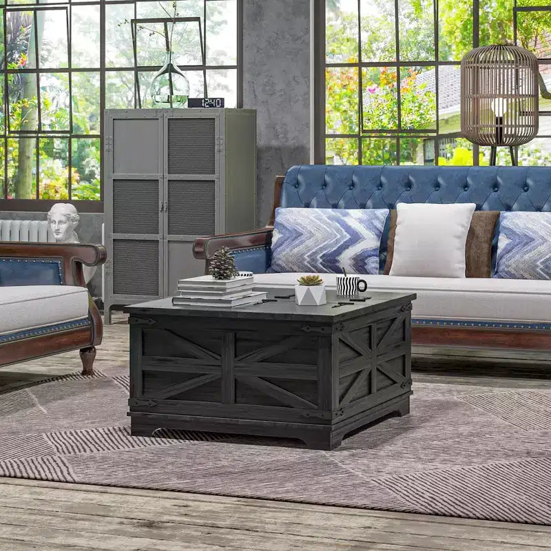 Table basse de ferme avec plateau relevable, compartiment de rangement caché, table basse carrée pour salon