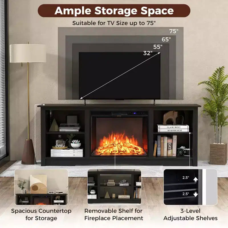 Meuble TV de 178 cm avec insert de cheminée électrique de 66 cm et télécommande pour TV jusqu'à 75 pouces Noyer/Noir/Gris