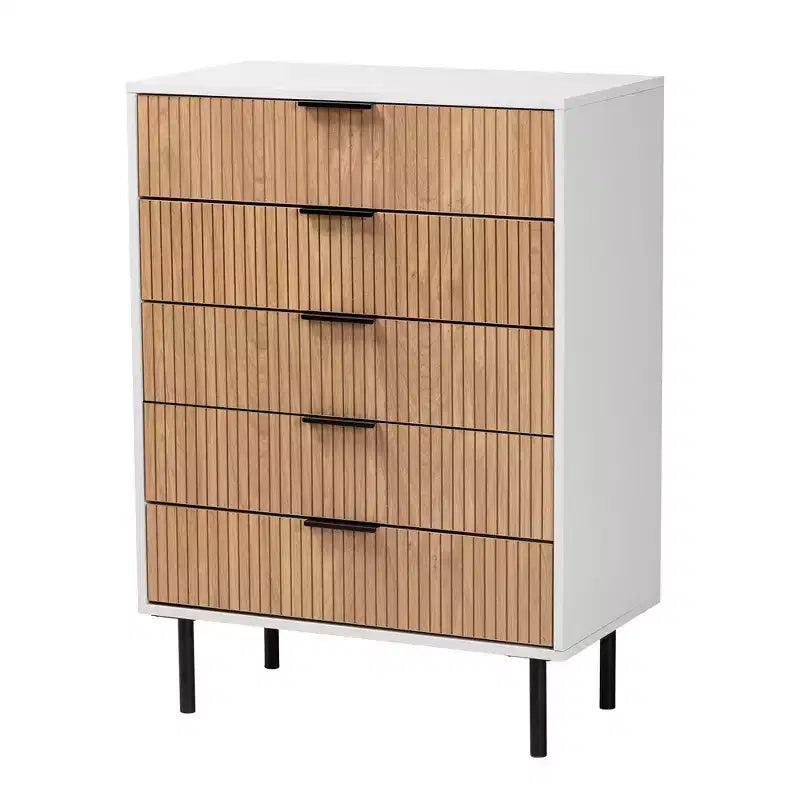 Karima - Armoire de rangement à 5 tiroirs en bois bicolore blanc et marron naturel avec métal noir, style Mid-Century Modern