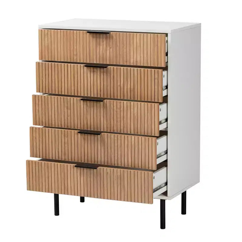 Karima - Armoire de rangement à 5 tiroirs en bois bicolore blanc et marron naturel avec métal noir, style Mid-Century Modern