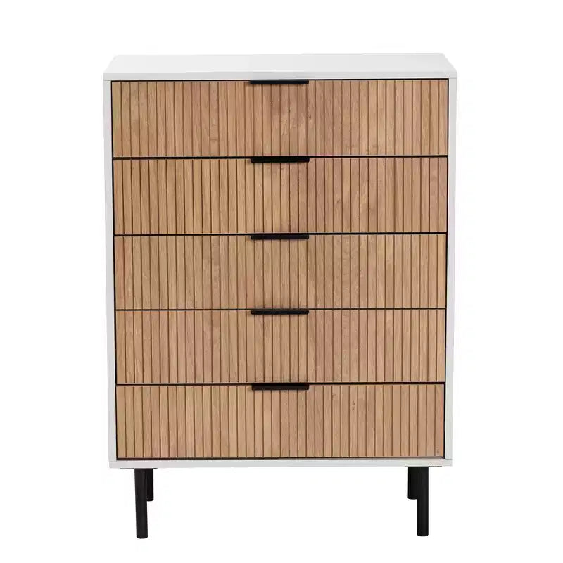 Karima - Armoire de rangement à 5 tiroirs en bois bicolore blanc et marron naturel avec métal noir, style Mid-Century Modern