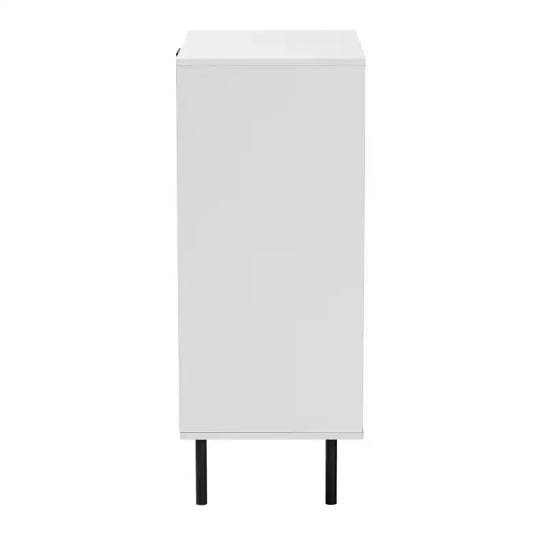 Karima - Armoire de rangement à 5 tiroirs en bois bicolore blanc et marron naturel avec métal noir, style Mid-Century Modern