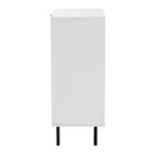 Karima - Armoire de rangement à 5 tiroirs en bois bicolore blanc et marron naturel avec métal noir, style Mid-Century Modern