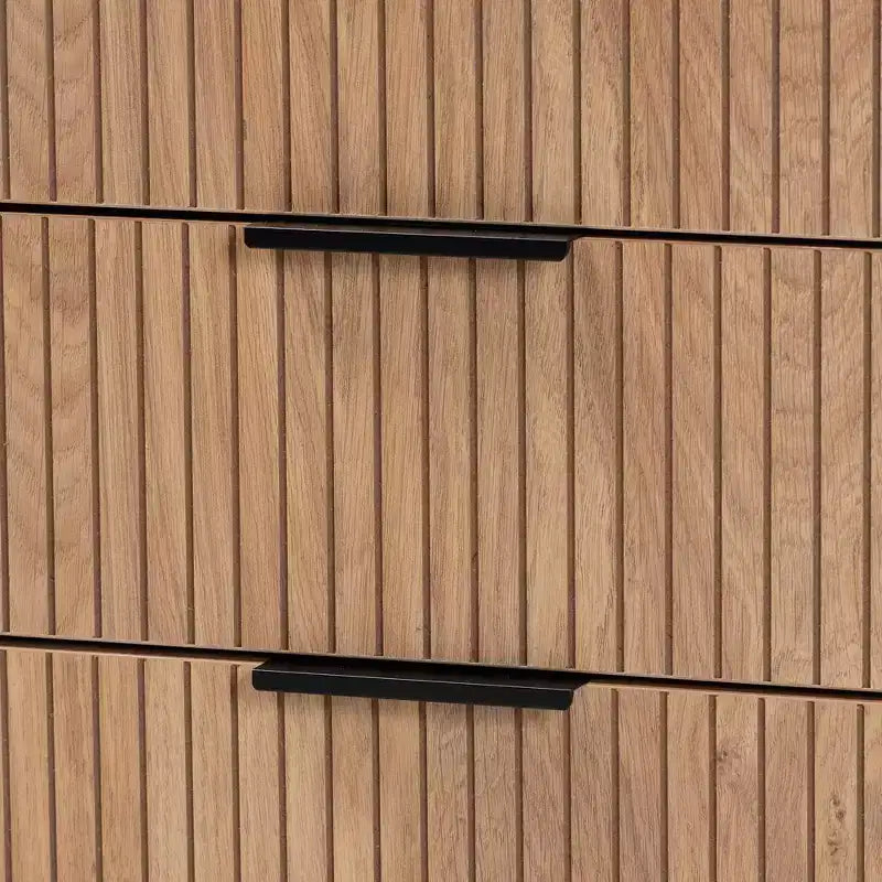 Karima - Armoire de rangement à 5 tiroirs en bois bicolore blanc et marron naturel avec métal noir, style Mid-Century Modern