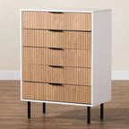 Karima - Armoire de rangement à 5 tiroirs en bois bicolore blanc et marron naturel avec métal noir, style Mid-Century Modern