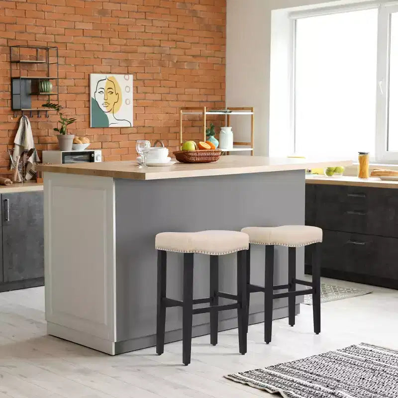 Tabouret de bar 29" avec siège de selle rembourré (lot de 2), noir/beige
