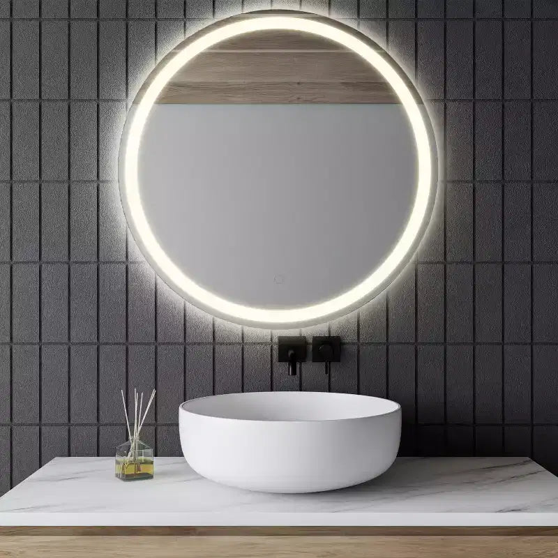 Miroir de courtoisie de salle de bain mural rond sans cadre anti-buée éclairé avant/arrière tricolore Dane avec touche intelligente -