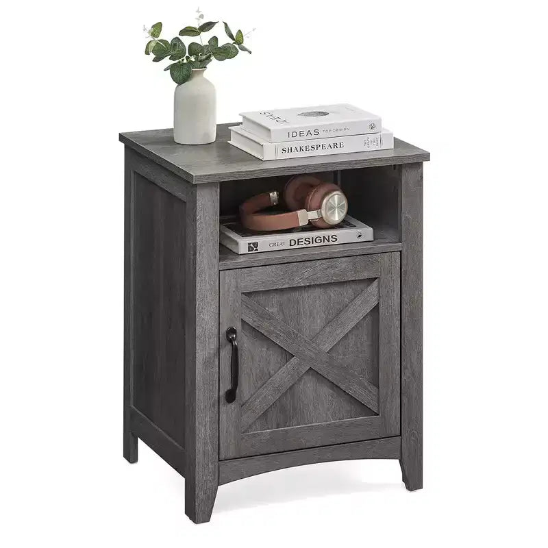 Farmhouse Nightstand with Barn Door, Bedside Table with Storage, Side End Table, Night Stand with Open Compartment