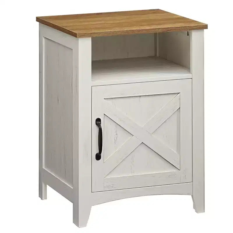 Farmhouse Nightstand with Barn Door, Bedside Table with Storage, Side End Table, Night Stand with Open Compartment