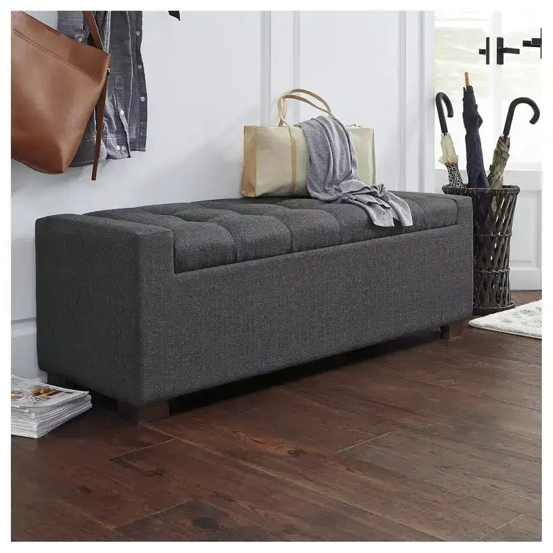 Banc de rangement Cortwell – Rembourré en polyester gris avec coussin capitonné