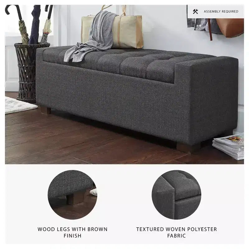 Banc de rangement Cortwell – Rembourré en polyester gris avec coussin capitonné