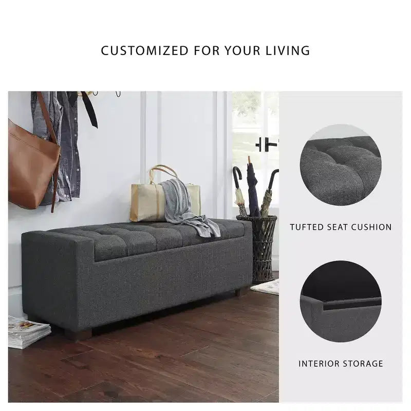 Banc de rangement Cortwell – Rembourré en polyester gris avec coussin capitonné