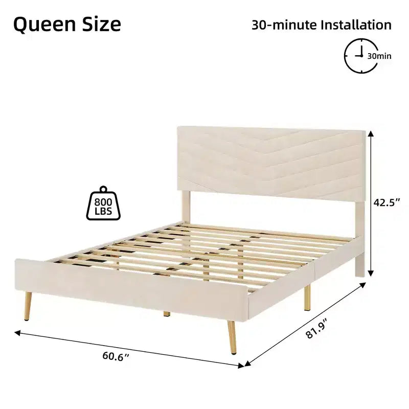 Cadre de lit King/Queen/Double avec tête de lit réglable, lit plateforme tapissé en velours, support de lattes en bois massif, pas besoin de sommier.