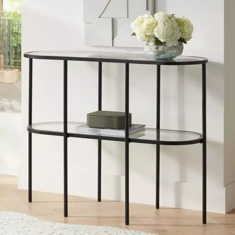 Console ovale moderne à 2 niveaux Remy en métal 40 x 15 avec rangement et plateau en verre transparent noir sablé pour salon