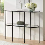 Console ovale moderne à 2 niveaux Remy en métal 40 x 15 avec rangement et plateau en verre transparent noir sablé pour salon