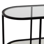 Console ovale moderne à 2 niveaux Remy en métal 40 x 15 avec rangement et plateau en verre transparent noir sablé pour salon