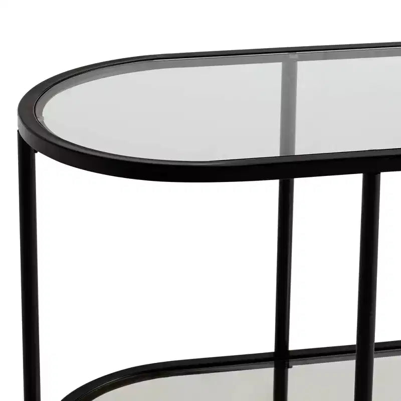 Console ovale moderne à 2 niveaux Remy en métal 40 x 15 avec rangement et plateau en verre transparent noir sablé pour salon