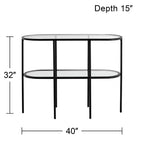 Console ovale moderne à 2 niveaux Remy en métal 40 x 15 avec rangement et plateau en verre transparent noir sablé pour salon
