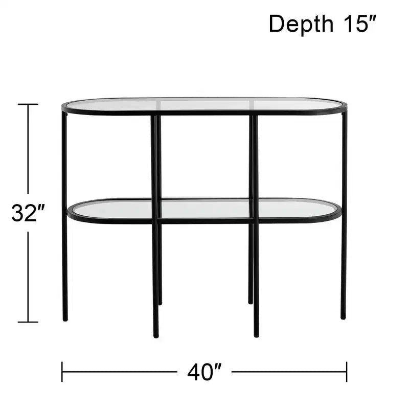 Console ovale moderne à 2 niveaux Remy en métal 40 x 15 avec rangement et plateau en verre transparent noir sablé pour salon