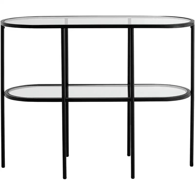 Console ovale moderne à 2 niveaux Remy en métal 40 x 15 avec rangement et plateau en verre transparent noir sablé pour salon