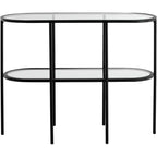 Console ovale moderne à 2 niveaux Remy en métal 40 x 15 avec rangement et plateau en verre transparent noir sablé pour salon