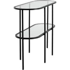 Console ovale moderne à 2 niveaux Remy en métal 40 x 15 avec rangement et plateau en verre transparent noir sablé pour salon